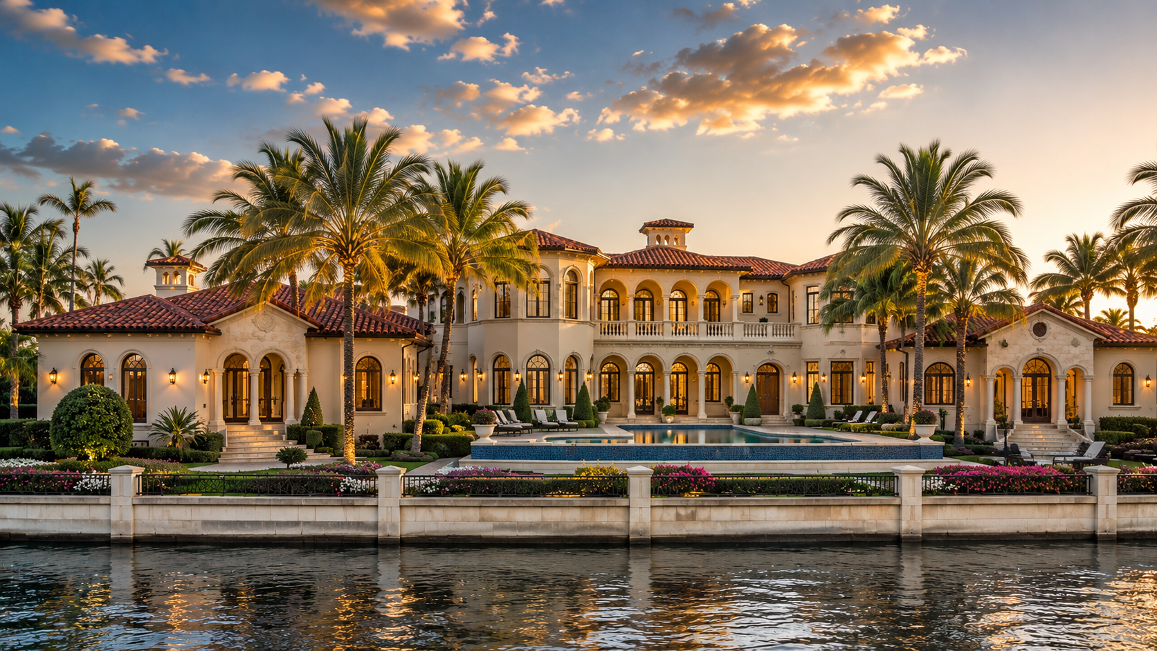 Luxury waterfront home with pool and palm trees at golden hour in West Palm Beach, Palm Beach County